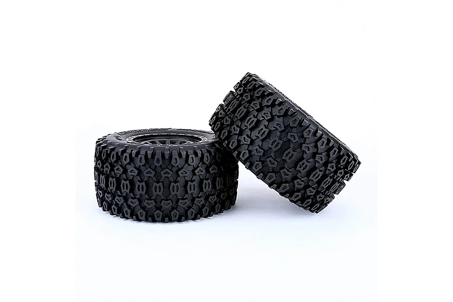 Two Method RC 3.8 Geoform belted all-terrain tyres mounted on black Array wheels, shown against a white background.
