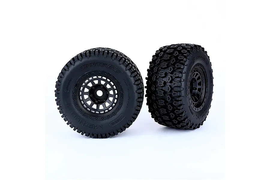 Two Method RC 3.8 Geoform belted all-terrain tyres mounted on black Array wheels, shown from front and side angles against a white background.