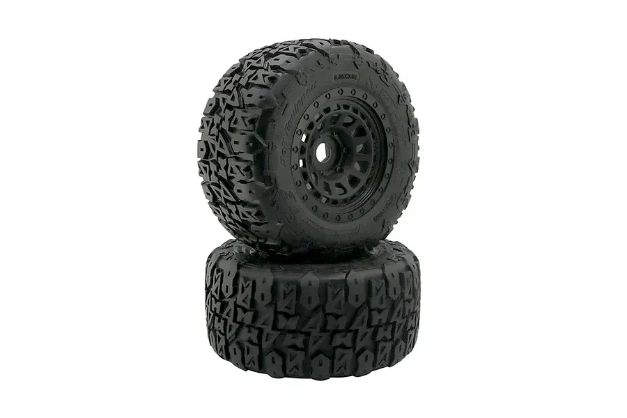 Two Method RC 3.8 Terraform belted all-terrain tyres mounted on black Array rims, stacked vertically against a white background.