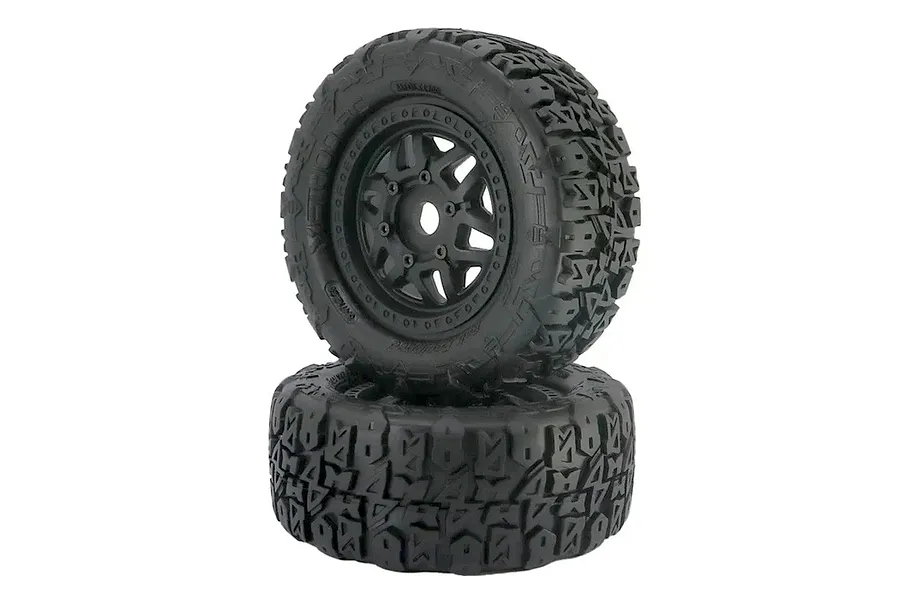 Two Method RC 3.3 Terraform belted all-terrain tyres mounted on black Switch rims, stacked vertically against a white background.