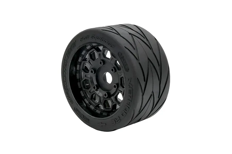 A single Method RC Velociter belted tyre mounted on a black Hive style RC wheel against a white background.