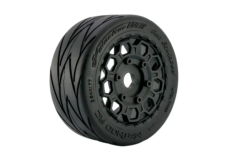 A single Method RC 1/7 scale belted Velociter tyre mounted on a black Hive-style wheel against a white background.