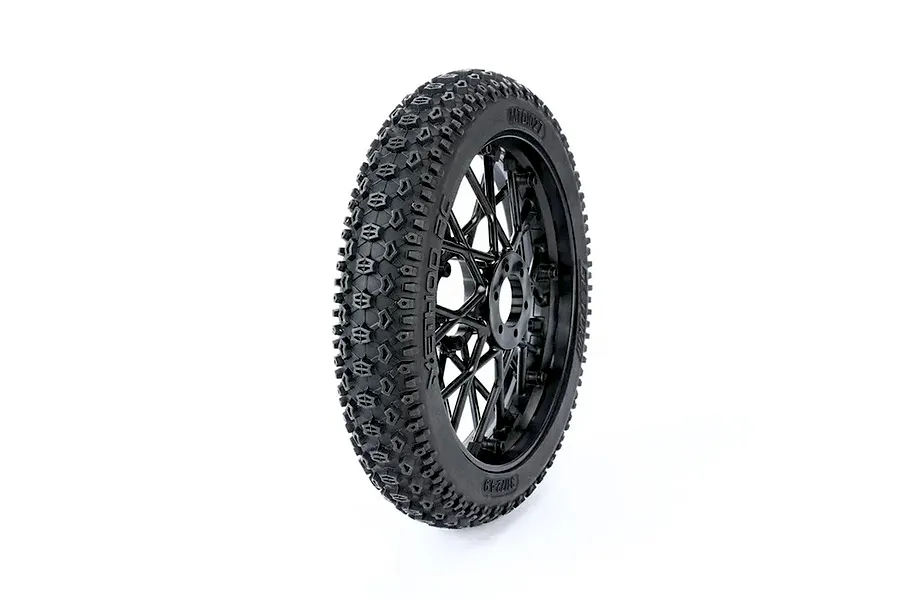 A black 1/4 scale RC motorcycle front tyre mounted on a black Geoform spoked wheel against a white background.