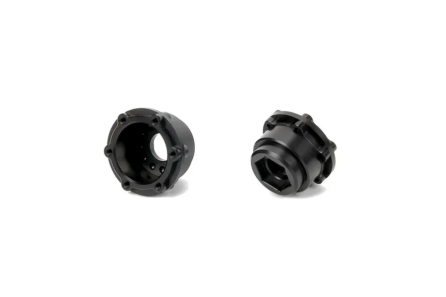 Two black metal 17mm hex wheel adapters for RC cars, shown from different angles against a white background.