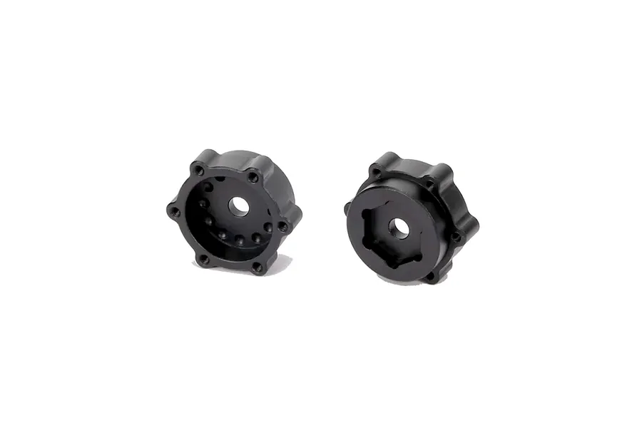 Two black metal 17mm hex wheel adapters with 12mm offset, shown from front and back angles against a white background.