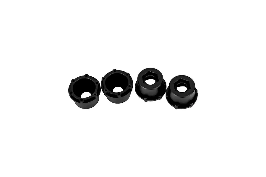 Four black 17mm wheel hex adapters for RC vehicles, shown from different angles against a white background.