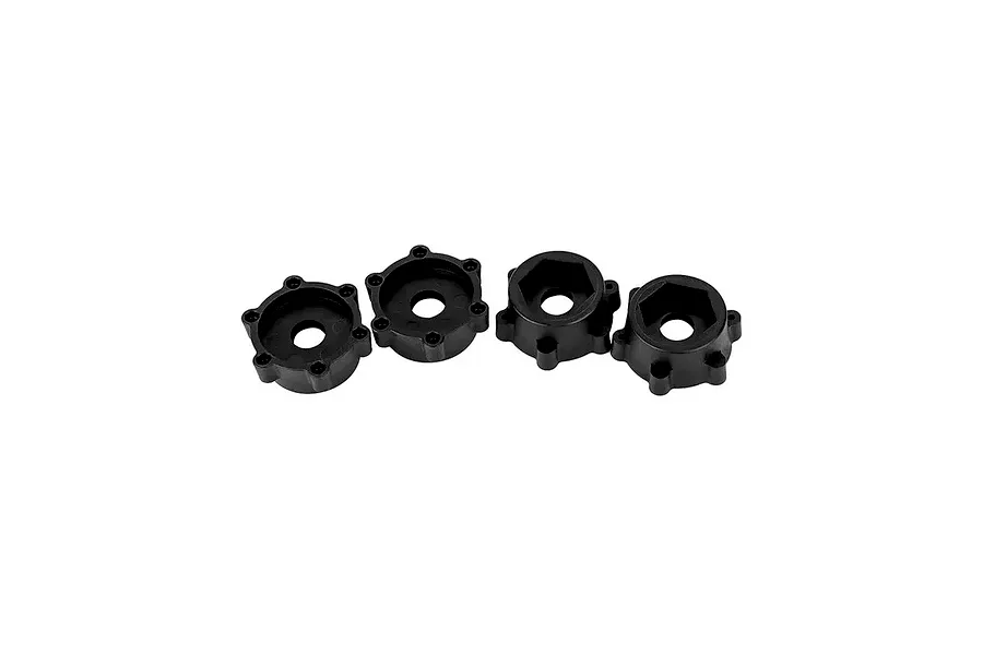 Four black plastic wheel hex adapters for RC cars arranged in a row against a white background.