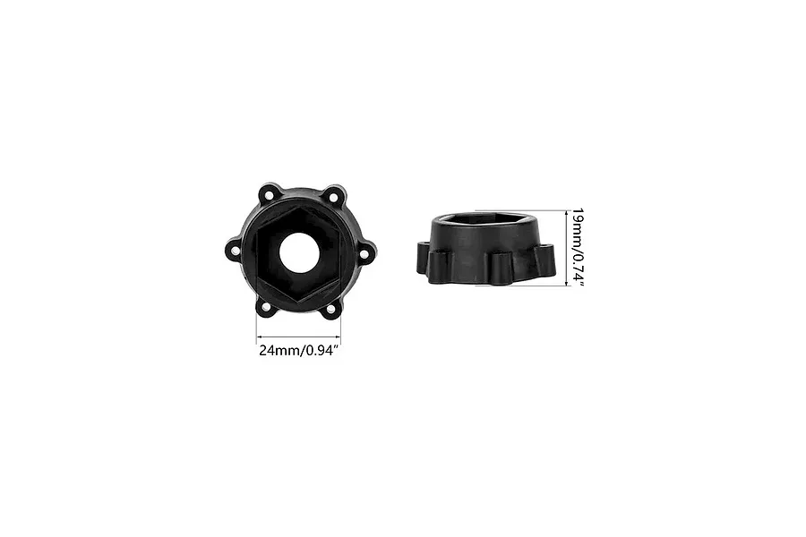 Two views of a black RC wheel hex adapter with dimension lines showing 24mm width and 19mm height.