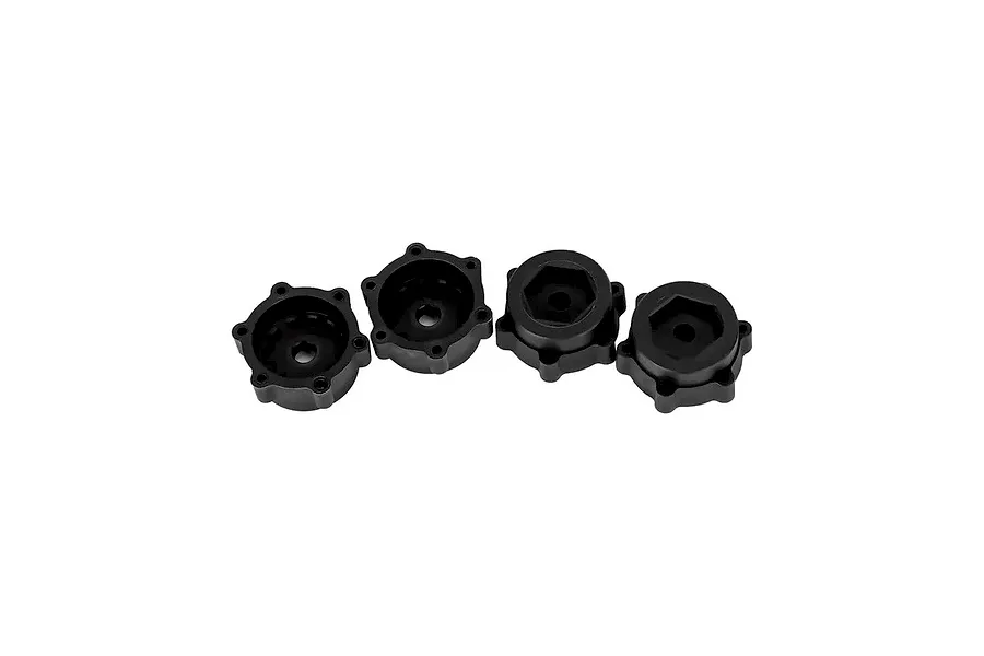 Four black 17mm wheel hex adapters for RC cars, shown from front and back angles on a white background.