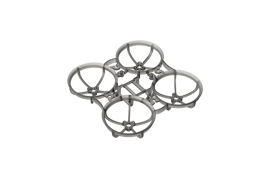 A clear grey BetaFPV Meteor65 Pro II drone frame showing the four circular propeller ducts and central mounting structure.