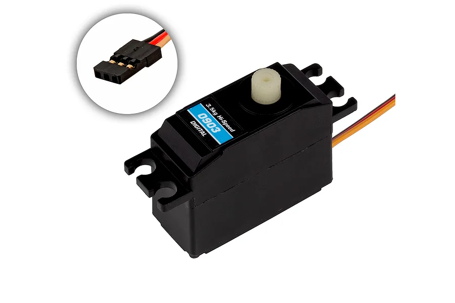 Reedy 0903 digital servo with a black plastic case, white output gear, and a three-pin connector shown in an inset circle.