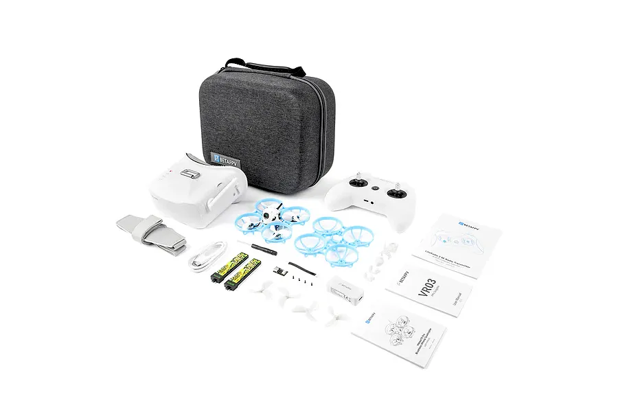 BetaFPV Meteor75 Pro FPV drone bundle including a drone, radio transmitter, VR03 goggles, carry case, batteries, and accessories on a white background.