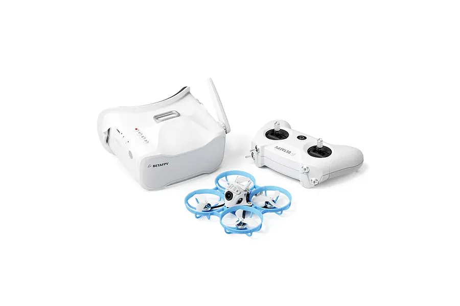 BetaFPV Meteor75 Pro FPV drone bundle including a white FPV headset, white radio transmitter, and a light blue and white micro drone.