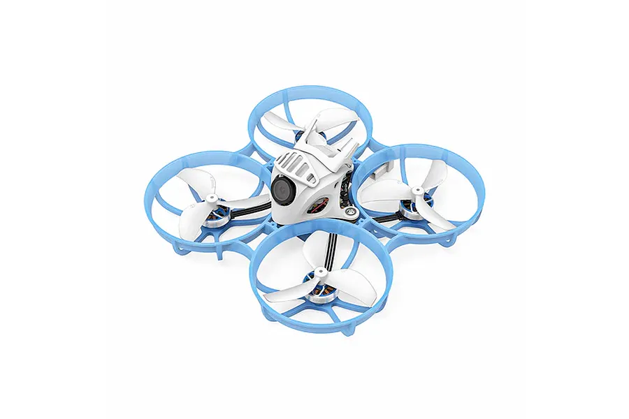 BetaFPV Meteor75 Pro FPV drone with a light blue propeller guard frame and white canopy, viewed from a high angle.