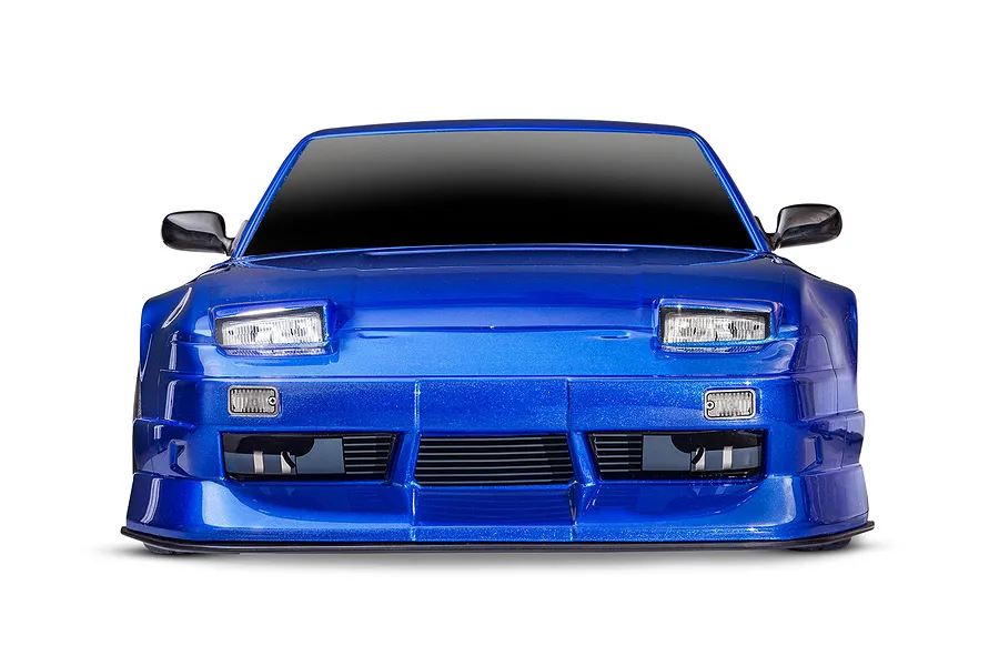Front view of a blue Traxxas 4-Tec 2.0 Nissan 240SX RC drift car body shell with pop-up headlights and a detailed front bumper.