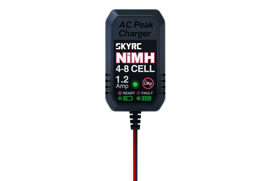 SkyRC eN18 NiMH peak charger unit with status LED and cable, showing 4-8 cell compatibility and 1.2 Amp output.