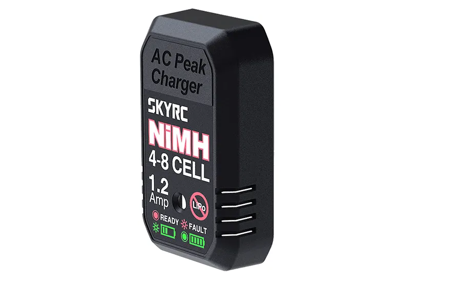 SkyRC eN18 NiMH peak charger unit in black plastic with status indicator lights and text labels.