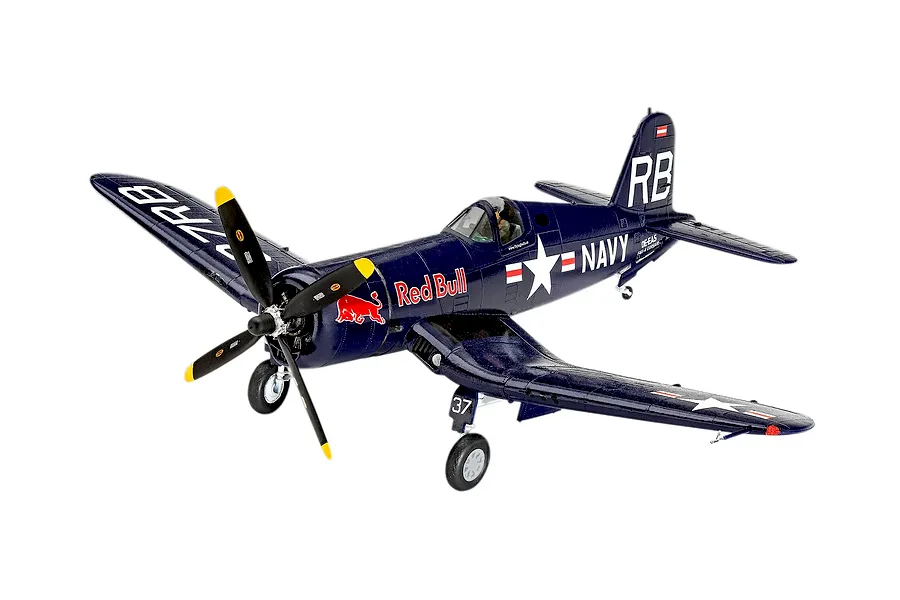 A fully assembled and painted 1/48 scale Revell F4U-4 Corsair model aircraft in Flying Bulls livery, featuring a dark blue finish with Red Bull branding.