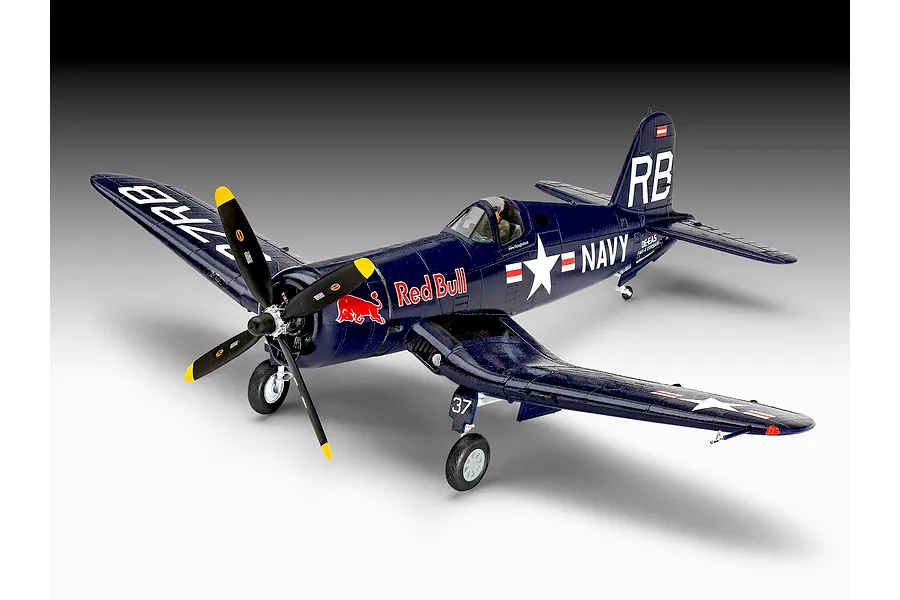 A fully assembled and painted 1/48 scale Revell F4U-4 Corsair model aircraft in Flying Bulls livery with dark blue paint and Red Bull branding.