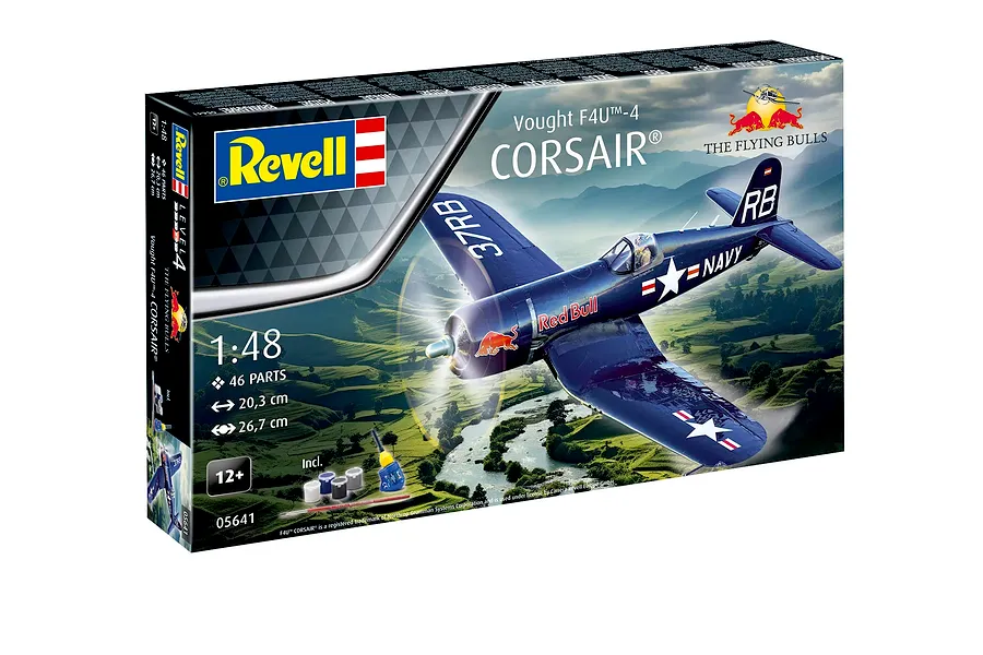 Revell 1/48 scale Vought F4U-4 Corsair Flying Bulls model kit box showing the finished aircraft flying over a landscape.