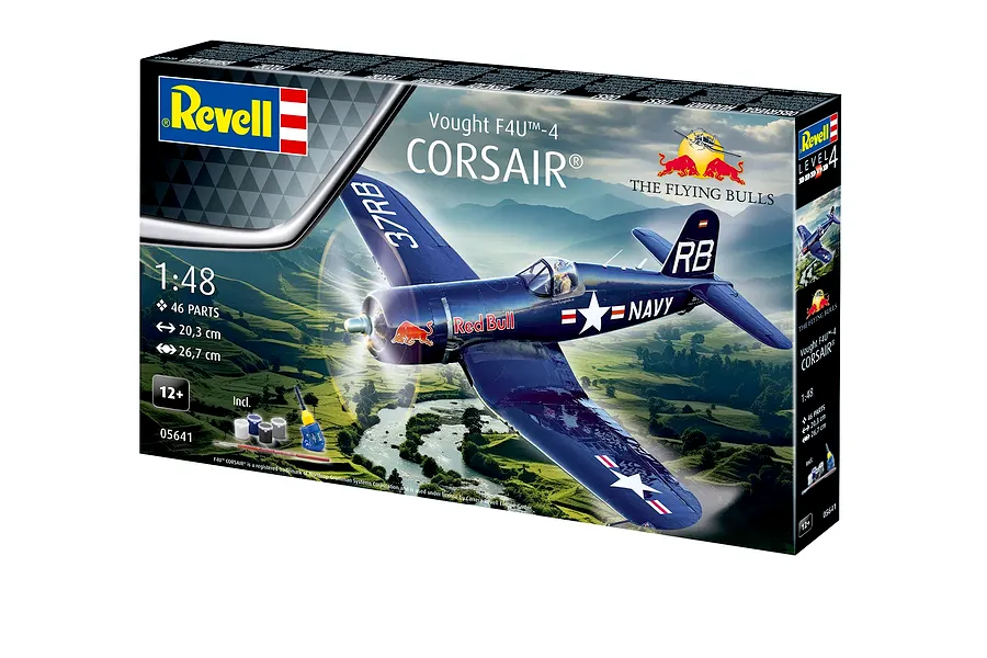 Revell 1/48 scale Vought F4U-4 Corsair Flying Bulls model kit box showing a dark blue fighter plane flying over a landscape.