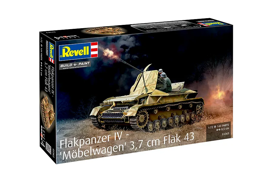 Revell 1/72 scale Flakpanzer IV Mobelwagen plastic model kit box art showing the tank in a battlefield scene.