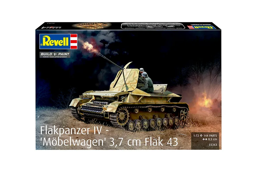Revell 1/72 scale Flakpanzer IV Mobelwagen plastic model kit box art showing a camouflaged tank firing in a battlefield scene.