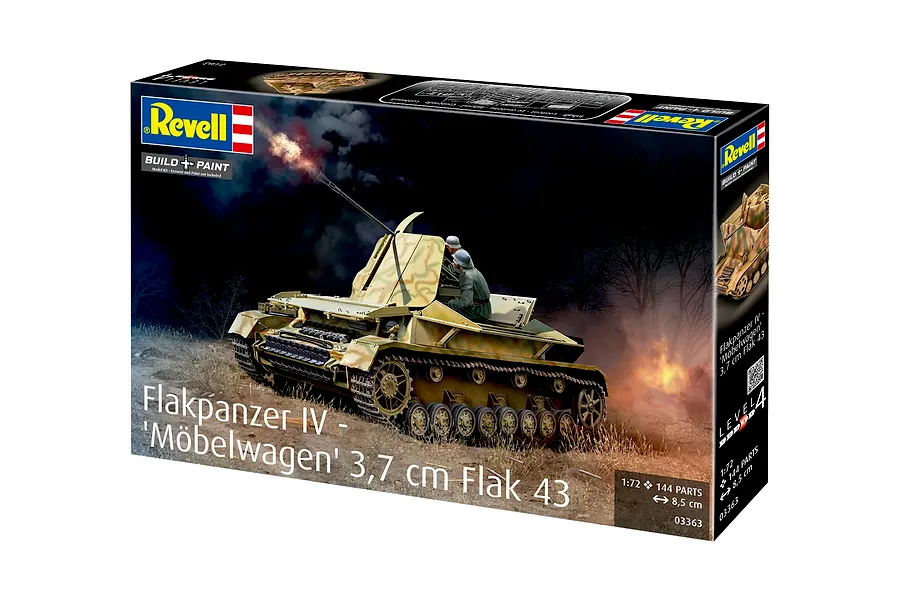 Revell 1/72 scale Flakpanzer IV Mobelwagen plastic model kit box art showing a tank firing in a battlefield scene.