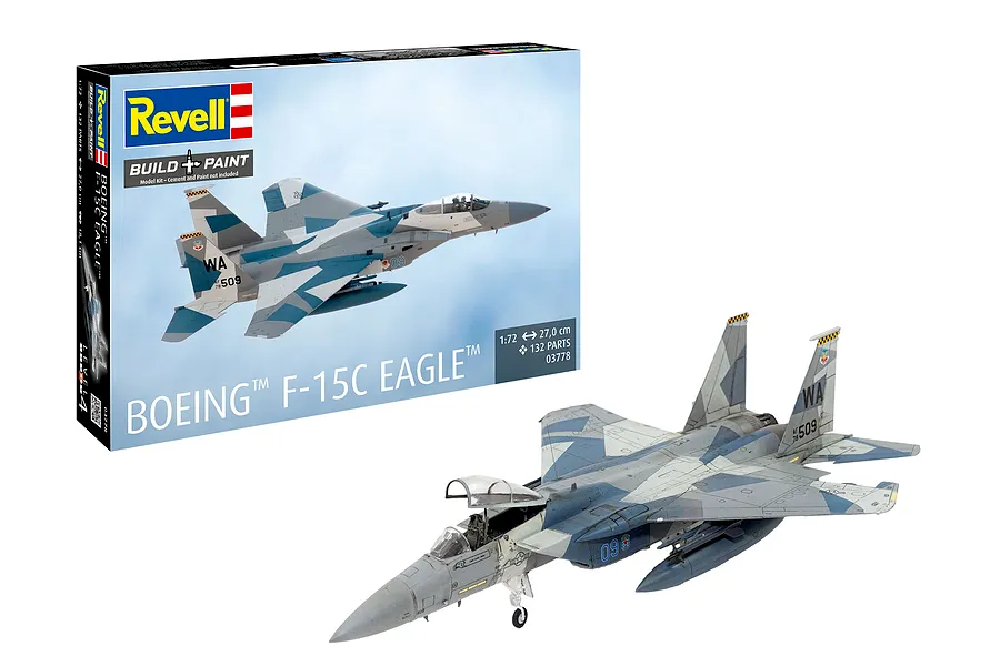 A Revell 1/72 scale Boeing F-15C Eagle model kit box next to a fully assembled and painted model of the fighter jet.