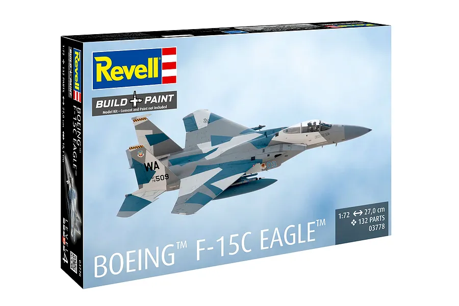 Revell 1/72 scale Boeing F-15C Eagle plastic model kit box showing an illustration of the fighter jet in flight.