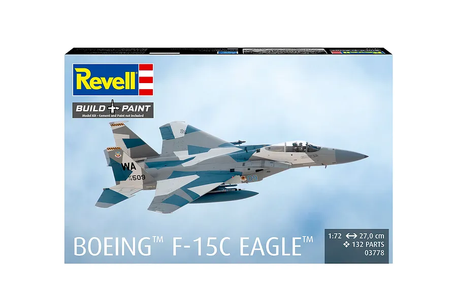 Revell 1/72 scale Boeing F-15C Eagle plastic model kit box featuring an illustration of an F-15C fighter jet in flight.