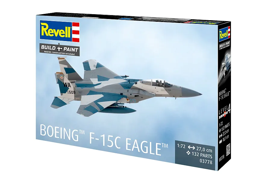 Revell 1/72 scale Boeing F-15C Eagle plastic model kit box featuring an illustration of the fighter jet in flight against a cloudy sky.