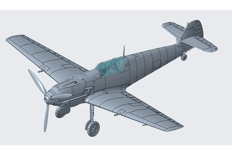 A 3D digital render of a Messerschmitt Bf109E-3 fighter aircraft model, shown in grey plastic with a translucent blue cockpit canopy.