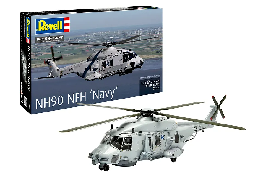 Revell 1/72 scale NH90 NFH Navy helicopter plastic model kit box and the fully assembled and painted model helicopter in front.