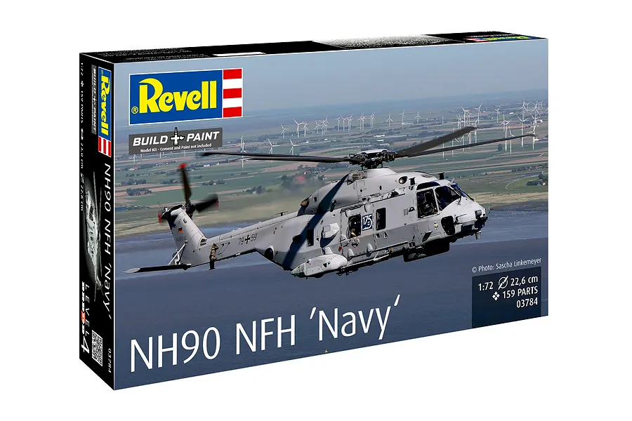 Revell 1/72 scale NH90 NFH Navy helicopter plastic model kit box showing a grey military helicopter flying over a coastal landscape.