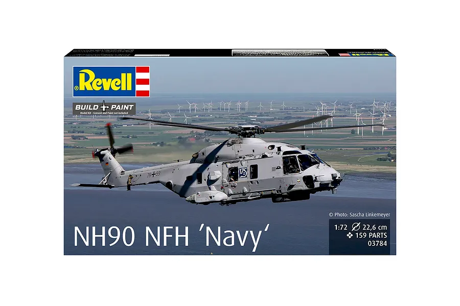 Revell 1/72 scale NH90 NFH Navy helicopter model kit box art featuring a grey military helicopter in flight over a coastal landscape.