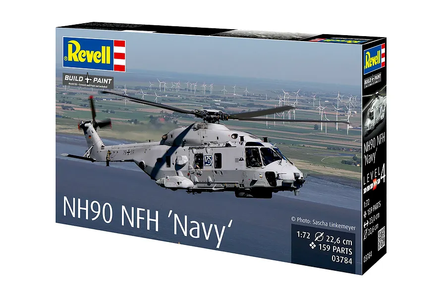 Revell 1/72 scale NH90 NFH Navy helicopter plastic model kit box showing a grey military helicopter in flight over a coastal landscape.