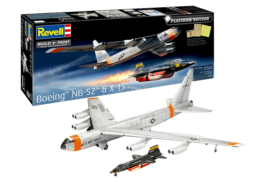 Revell 1/72 scale Boeing NB-52 Stratofortress and X-15 model kit box with assembled models displayed in front.