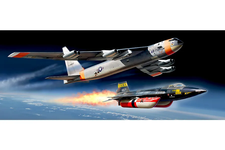 Digital illustration of a Boeing NB-52 Stratofortress carrying a North American X-15 rocket plane in flight above the clouds.