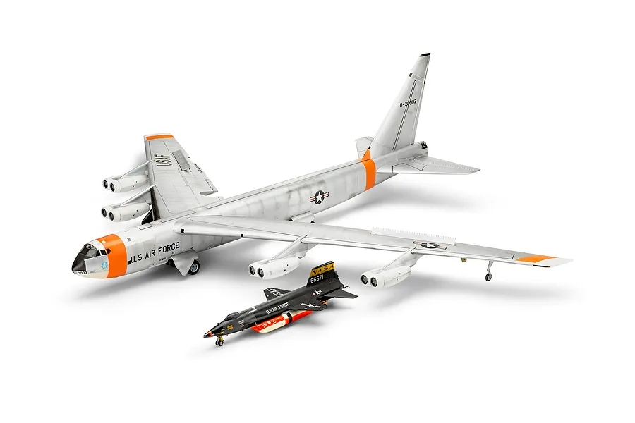 A completed 1/72 scale plastic model kit of a Boeing NB-52 Stratofortress and an X-15 rocket plane, displayed on a white background.