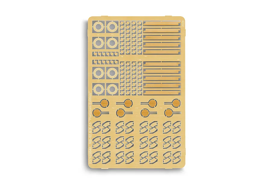 A photo-etched metal fret for the Revell 1/72 Boeing NB-52 and X-15 model kit, featuring various small detail parts on a brass-coloured sheet.