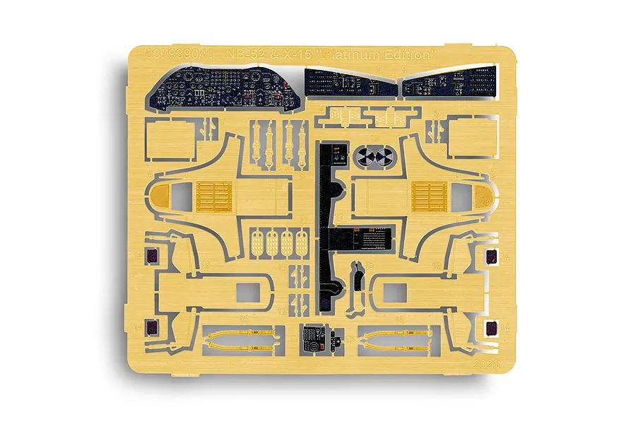 A photo-etched brass detail set for the Revell 1/72 Boeing NB-52 and X-15 model kit, featuring various cockpit and instrument panel components.