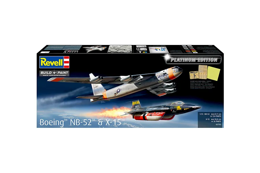 Revell 1/72 scale Boeing NB-52 Stratofortress and X-15 Platinum Edition plastic model kit box, featuring artwork of both aircraft in flight.