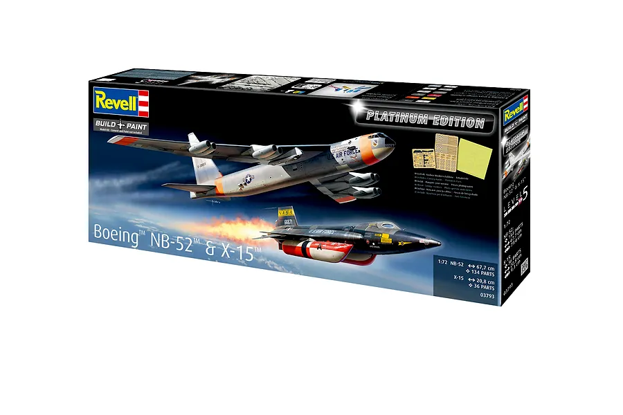 Revell 1/72 scale Boeing NB-52 Stratofortress and X-15 Platinum Edition plastic model kit box showing finished aircraft models in flight.