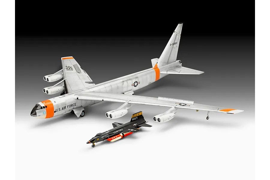 A 1/72 scale plastic model kit of the Boeing NB-52 Stratofortress and X-15 aircraft, fully assembled and painted on a white background.