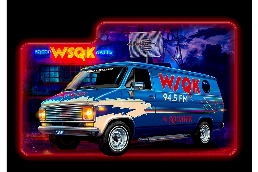Box art illustration of the Revell Stranger Things Squawk Van, a blue radio station van with eagle graphics, a roof antenna, and neon-style signage.