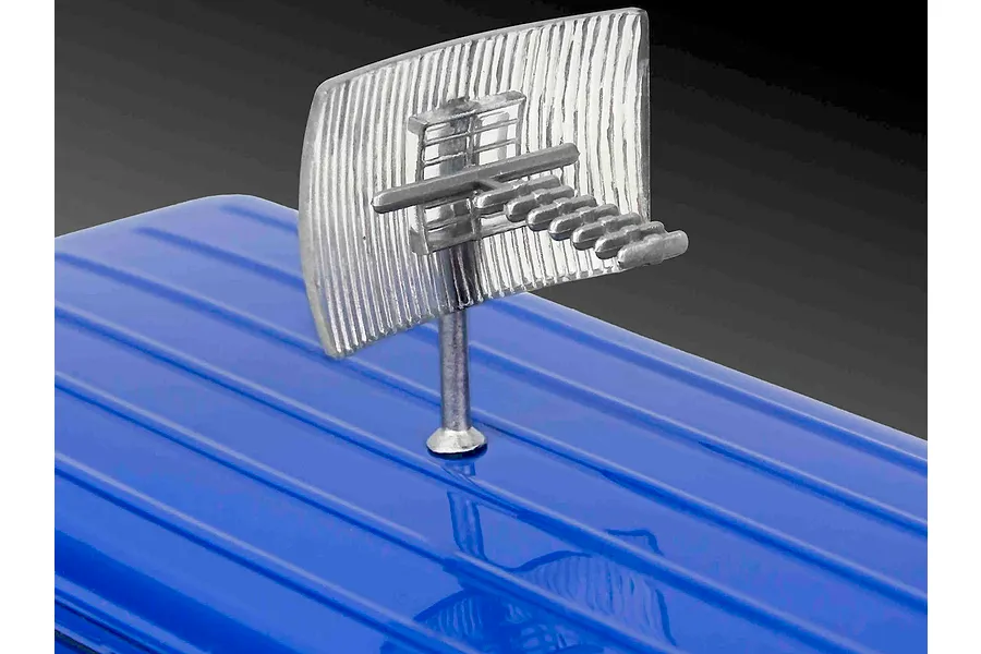 Close-up of a silver-colored antenna assembly mounted on the blue ribbed roof of a model vehicle.