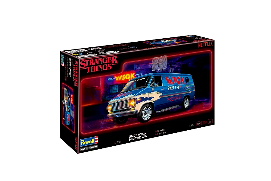 Revell 1/25 scale Stranger Things WSQK Squawk Van plastic model kit box showing the blue van with radio station graphics.
