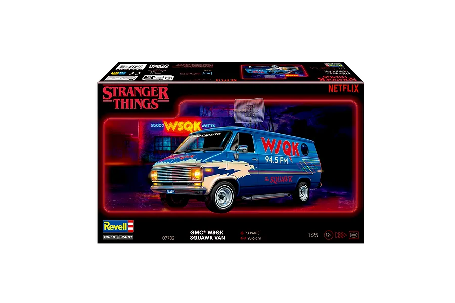 Product packaging for a Revell 1/25 scale GMC WSQK Squawk Van model kit from the Stranger Things series, featuring a blue van with radio station branding.