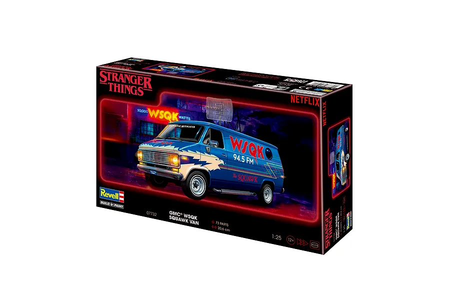 Revell 1/25 scale Stranger Things WSQK Squawk Van plastic model kit box, featuring a blue van with radio station graphics on a dark background.